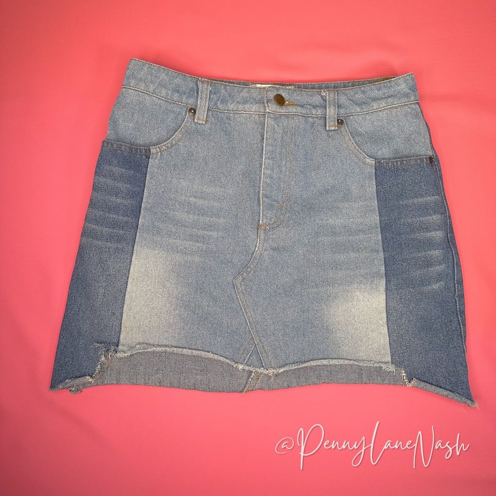 Wild Honey Two Tone Step Hem Denim Mini Skirt - Picture 3 of 9